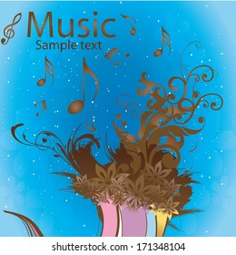 a lot of musical notes and flowers in a blue background
