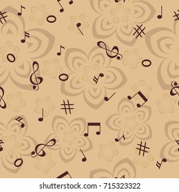 musical notes and flowers in brown tones seamless background