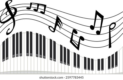 Musical notes flowing above piano keyboard illustration