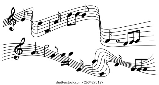 Musical notes in flowing design of elements in flat style, vector illustration