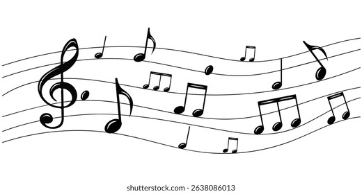 musical notes flowing on staff, black and white sheet music design, abstract music background with notes, artistic representation of melody and rhythm, treble clef with musical notes, music symbols on