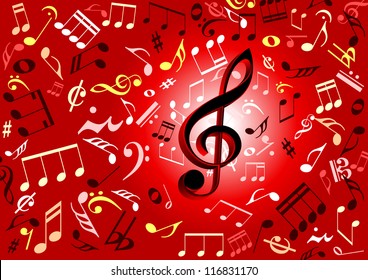 Musical notes flying against red background