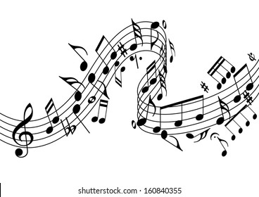 Musical notes flying over the stave, isolated over white