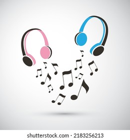 Notas musicales que vuelan desde un par de audífonos - Escuchemos música juntos - Diseño Ilustración, plantilla en formato vectorial libremente editable 