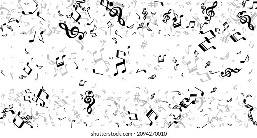 Musical notes flying vector backdrop. Melody recording elements placer. Pop music pattern. Vintage notes flying signs with flat. Album cover background.