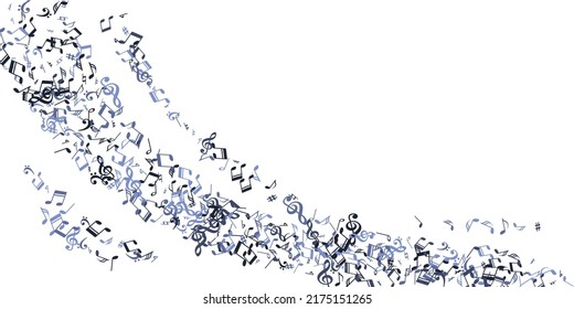 Musical notes flying vector backdrop. Melody recording elements swirling. Radio music pattern. Grunge notes flying silhouettes with sharp. Concert poster background.
