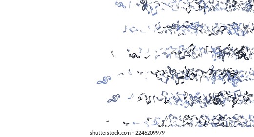 Musical notes flying vector backdrop. Song notation elements explosion. Pop music pattern. Abstract notes flying silhouettes with sharp. Party flyer backdrop.