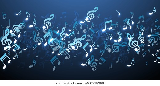 Musical notes flying vector backdrop. Melody recording signs burst. Radio music pattern. Retro notes flying signs with treble clef. Banner graphic design.