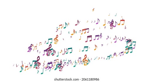 Musical notes flying vector background. Melody notation signs explosion. Radio music illustration. Isolated notes flying silhouettes with pause. Party flyer graphic design.