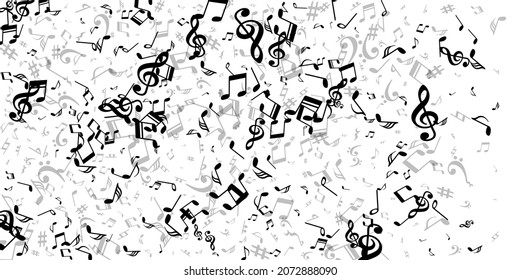 Musical notes flying vector design. Melody recording elements scatter. Jazz music pattern. Doodle notes flying signs with bass clef. Concert poster background.