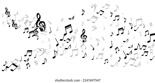 Musical notes flying vector design. Sound composition elements scatter. Nightclub music wallpaper. Vintage notes flying elements with sharp. Party flyer backdrop.