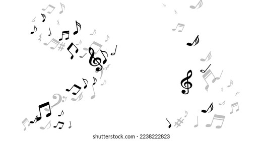 Musical notes flying vector design. Melody notation elements placer. Pop music wallpaper. Isolated notes flying silhouettes with sharp. Album cover background.