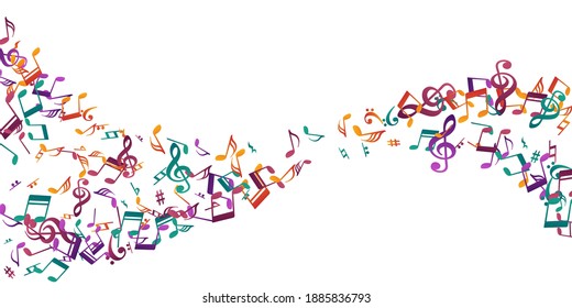 Musical notes flying vector illustration. Melody recording signs swirling. Jazz music illustration. Funky notes flying signs with sharp. Concert poster background.