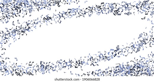 Musical notes flying vector pattern. Symphony notation signs explosion. Jazz music pattern. Doodle notes flying silhouettes with bass clef. Party flyer background.