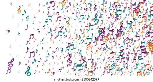 Musical notes flying vector pattern. Audio recording elements burst. Festival music wallpaper. Funky notes flying silhouettes with pause. Album cover background.