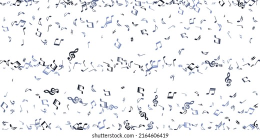Musical notes flying vector pattern. Symphony notation elements swirling. Pop music illustration. Creative notes flying signs with pause. Birthday card graphic design.