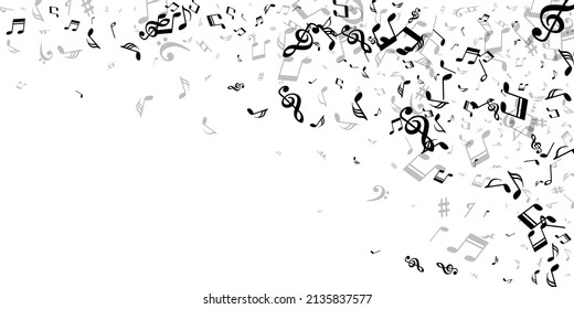 Musical notes flying vector wallpaper. Song notation signs placer. Festival music wallpaper. Modern notes flying silhouettes with treble clef. Concert poster backdrop.