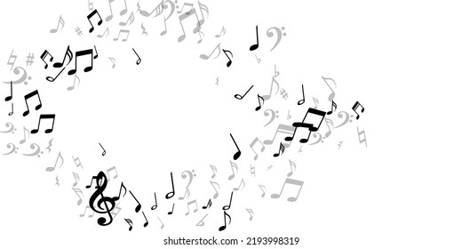 Musical notes flying vector wallpaper. Melody notation elements swirling. Pop music pattern. Retro notes flying elements with pause. Banner graphic design.