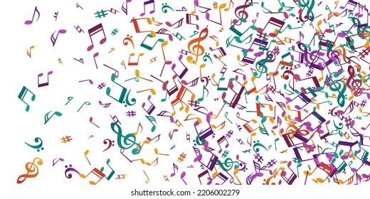 Musical notes flying vector wallpaper. Song notation signs burst. Radio music illustration. Isolated notes flying elements with pause. Album cover background.