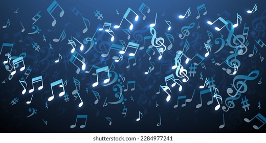 Musical notes flying vector wallpaper. Symphony notation elements burst. Party music illustration. Creative notes flying signs with treble clef. Birthday card background.