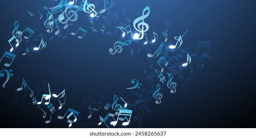 Musical notes flying vector wallpaper. Melody notation elements scatter. Festival music concept. Isolated notes flying signs with sharp. Album cover graphic design.