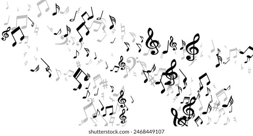 Musical notes flying vector wallpaper. Sound composition elements swirling. Festival music wallpaper. Retro notes flying silhouettes with treble clef. Concert poster graphic design.