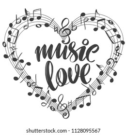 musical notes in the form of a heart icon, love music, calligraphy text hand drawn vector illustration sketch