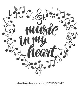 musical notes in the form of a heart icon, love music, calligraphy text hand drawn vector illustration sketch