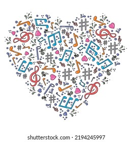 musical notes in the form of a heart icon, love music, hand drawn vector illustration sketch