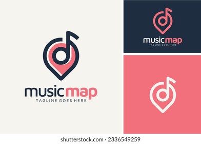 Notas musicales con puntero GPS Pin para encontrar el diseño del logo Localización de la dirección de la tienda de música