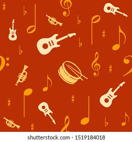 Musical notes and guitar drums saxophone treble bass clef notes seamless background repeat