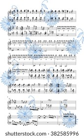 Musical notes with hand drawn flowers. Vector illustration.