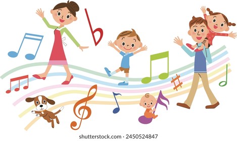 Musical notes with a happy melody and a close family
