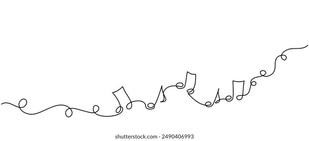 Musical notes. Horizontal web banner of music sound for music school in simple linear style. Continuous one line drawing. Editable stroke. Doodle vector illustration