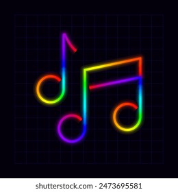 Musical notes icon, neon rainbow visuals, gradient mesh graphics, glowing colorful aesthetic.