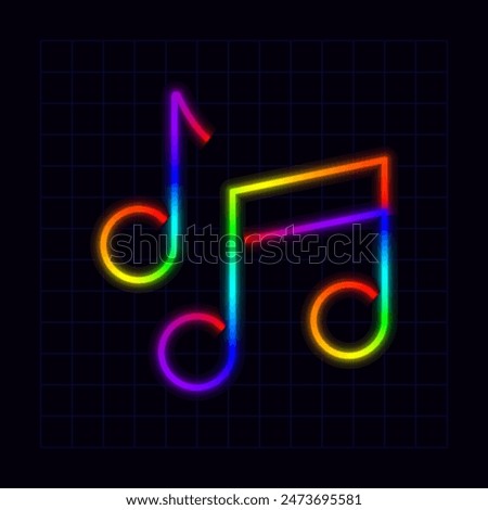 Musical notes icon, neon rainbow visuals, gradient mesh graphics, glowing colorful aesthetic.