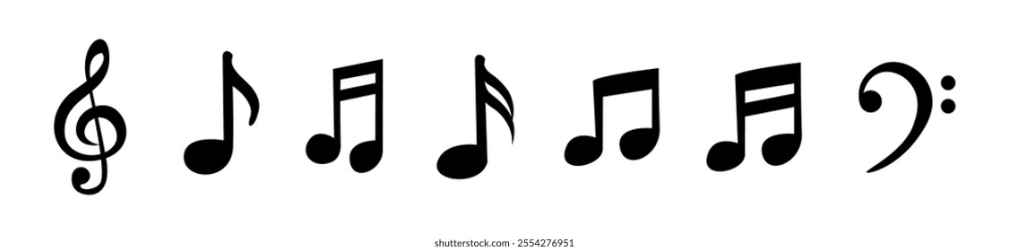 Musical notes icon set vector illustration, Musical key symbols, Music notes symbol Set of Musical Notes and Clef Symbols, Line and glyph music key, Music note collection.