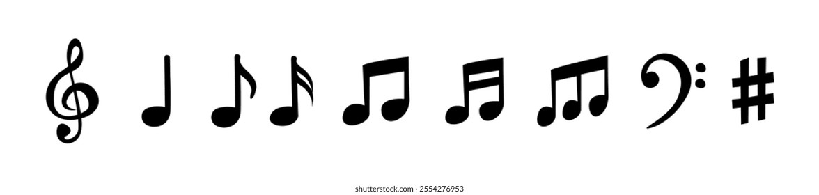 Musical notes icon set vector illustration, Musical key symbols, Music notes symbol Set of Musical Notes and Clef Symbols, Line and glyph music key, Music note collection.