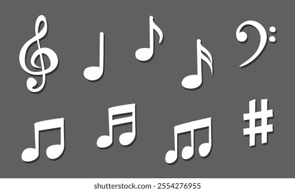 Musical notes icon set vector illustration, Musical key symbols, Music notes symbol Set of Musical Notes and Clef Symbols, Line and glyph music key, Music note collection.