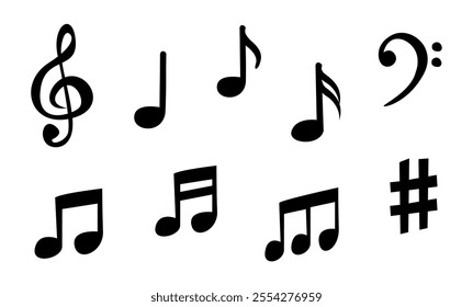 Musical notes icon set vector illustration, Musical key symbols, Music notes symbol Set of Musical Notes and Clef Symbols, Line and glyph music key, Music note collection.
