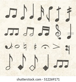 Musical notes icon set vintage worn by time on a light background with stripes vector illustration