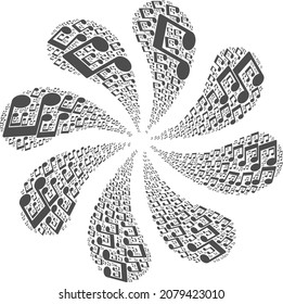 Musical notes icon swirl burst flower fireworks composition. Flower burst designed from scattered musical notes symbols.