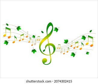Illustrationen von Musiknoten mit Dekoration von grünen Blättern, Herbstthema