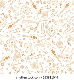 Musical notes with musical instrument on seamless beige background.
