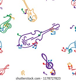 Musical notes and musical instruments seamless pattern. Vector of musical instruments seamless pattern. Hand drawn musical notes.