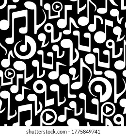 Musical notes and logos of music portals black and white vector seamless pattern