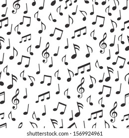 Musical notes, melodious signs and symbols seamless pattern. Black musical notes and treble clef on white background. For the design of fabric, prints, wallpaper, decoration. Vector illustration