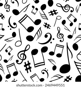 Musical notes, melody signs and symbols arranged in elegant monochrome vector seamless pattern. Clef signs and musical notes on a white backdrop for use in graphic and fabric design.