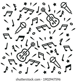 Musical notes, microphone and guitar icons background design