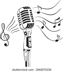 Musical notes with a microphone. Treble clef, sheet music and sheet music. Black and white musical illustration. A vocal microphone with a melody.